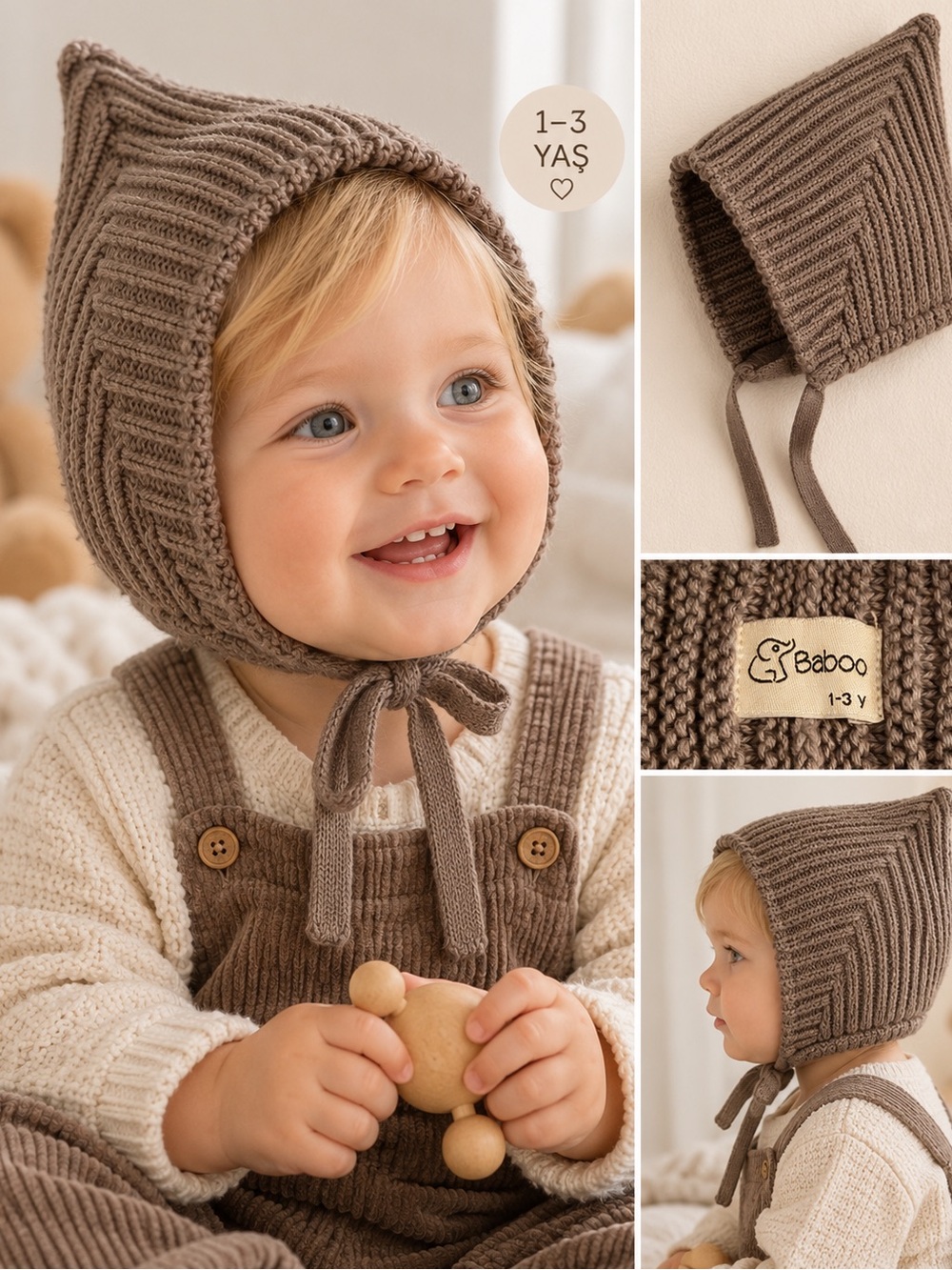Baboo Kids Taupe Knit Pixie Bonnet Tie Hat Size 1-3Y